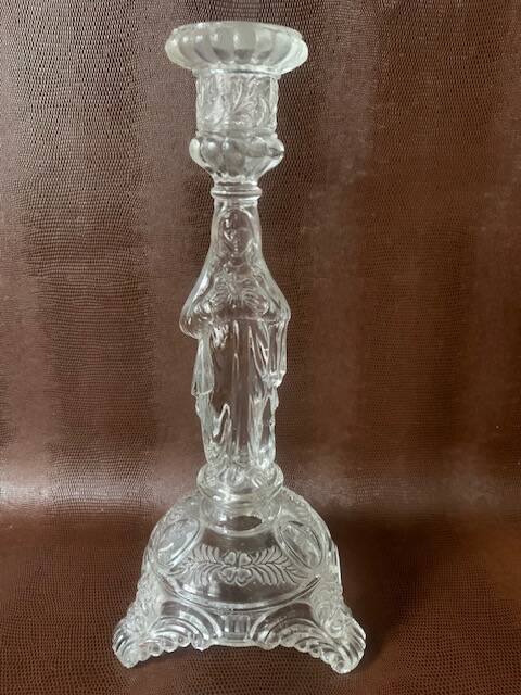 Large religious candlestick in old crystal, Virgin Mary, 1910