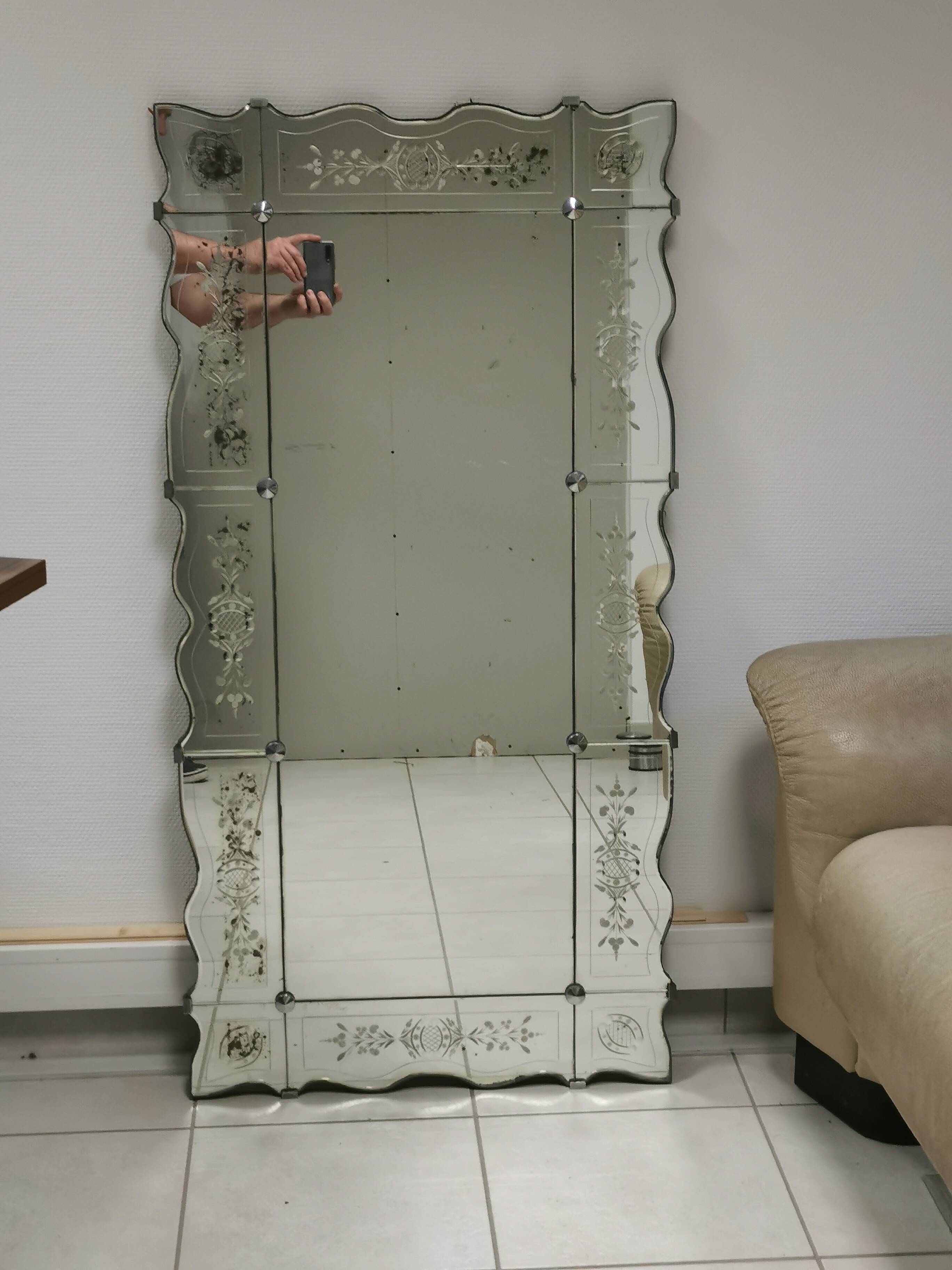 Vintage rectangular / panoramic mirror in Murano style, Venetian Art Deco