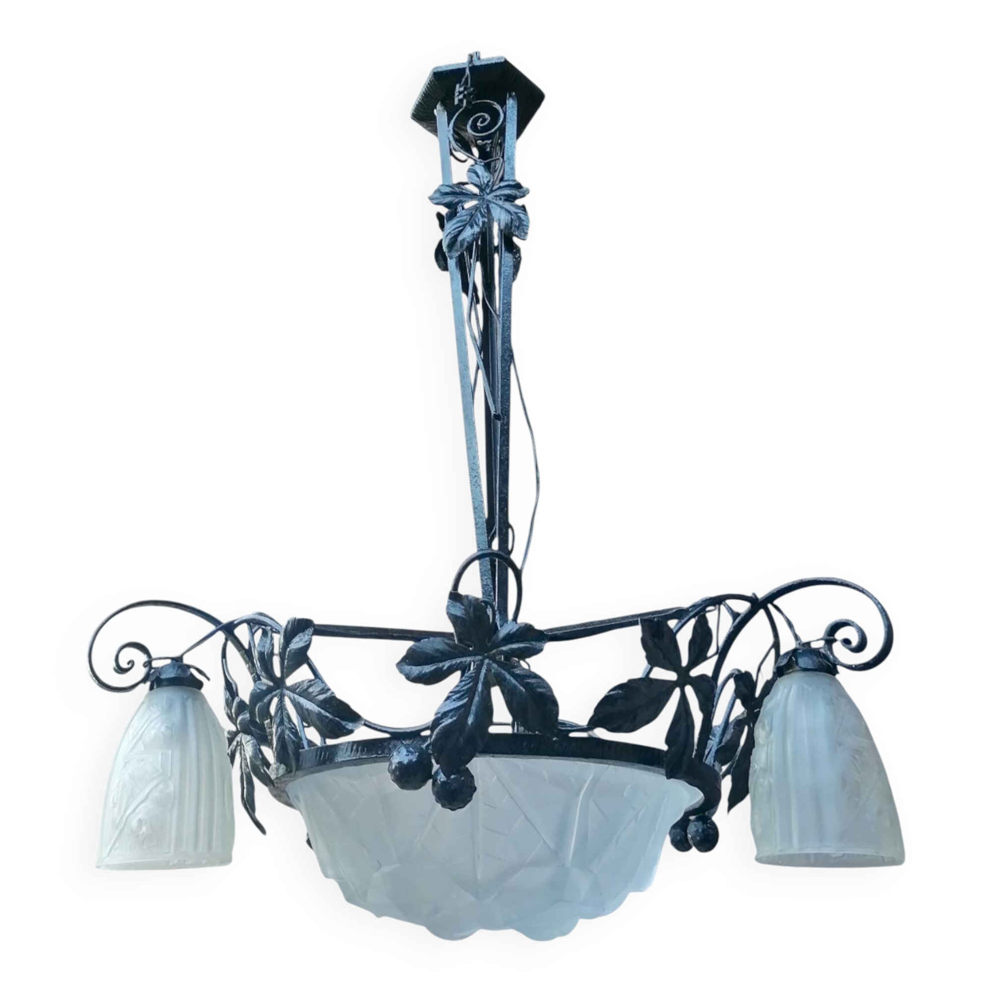 Wrought iron and art deco glass chandelier - Degué Workshops