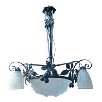 Wrought iron and art deco glass chandelier - Degué Workshops