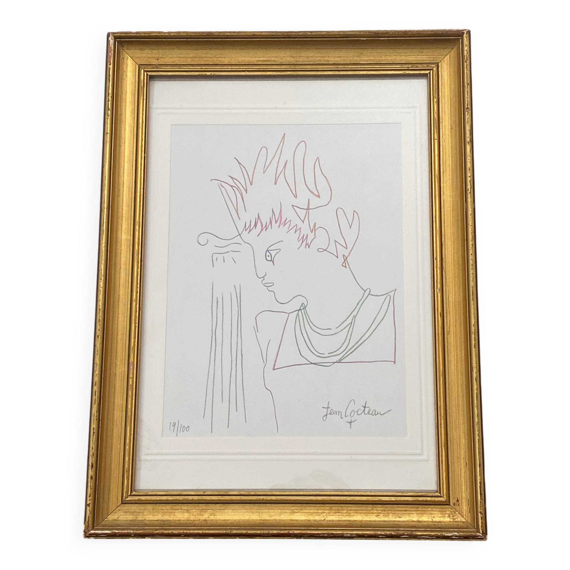 Lithographie, profil, Jean Cocteau