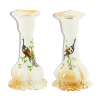 Pair of peacock ceramic candlesticks