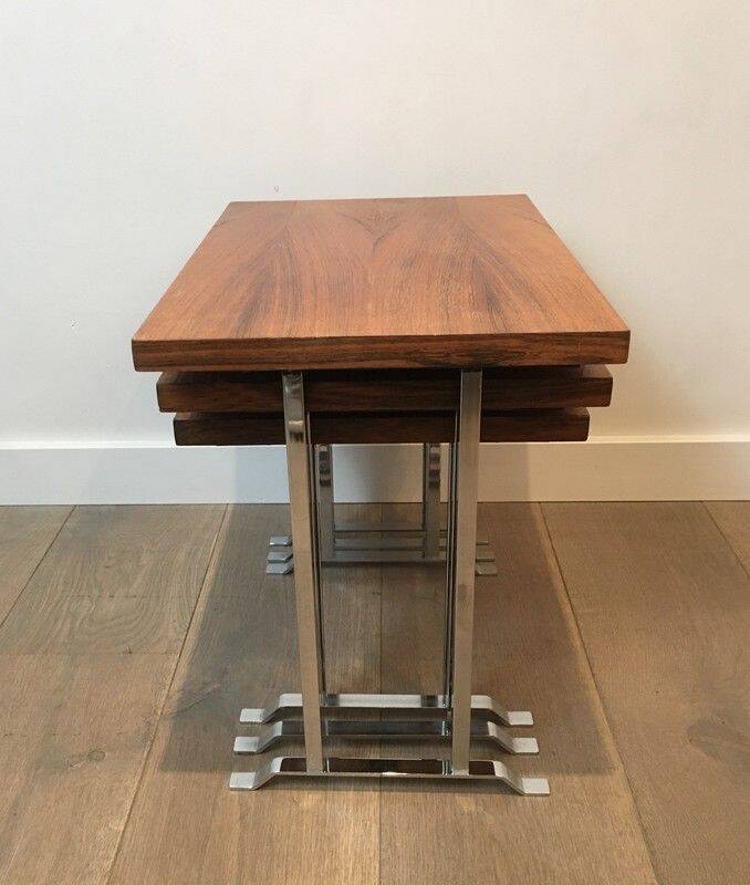 Set of 3 nesting tables in exotic wood and chrome