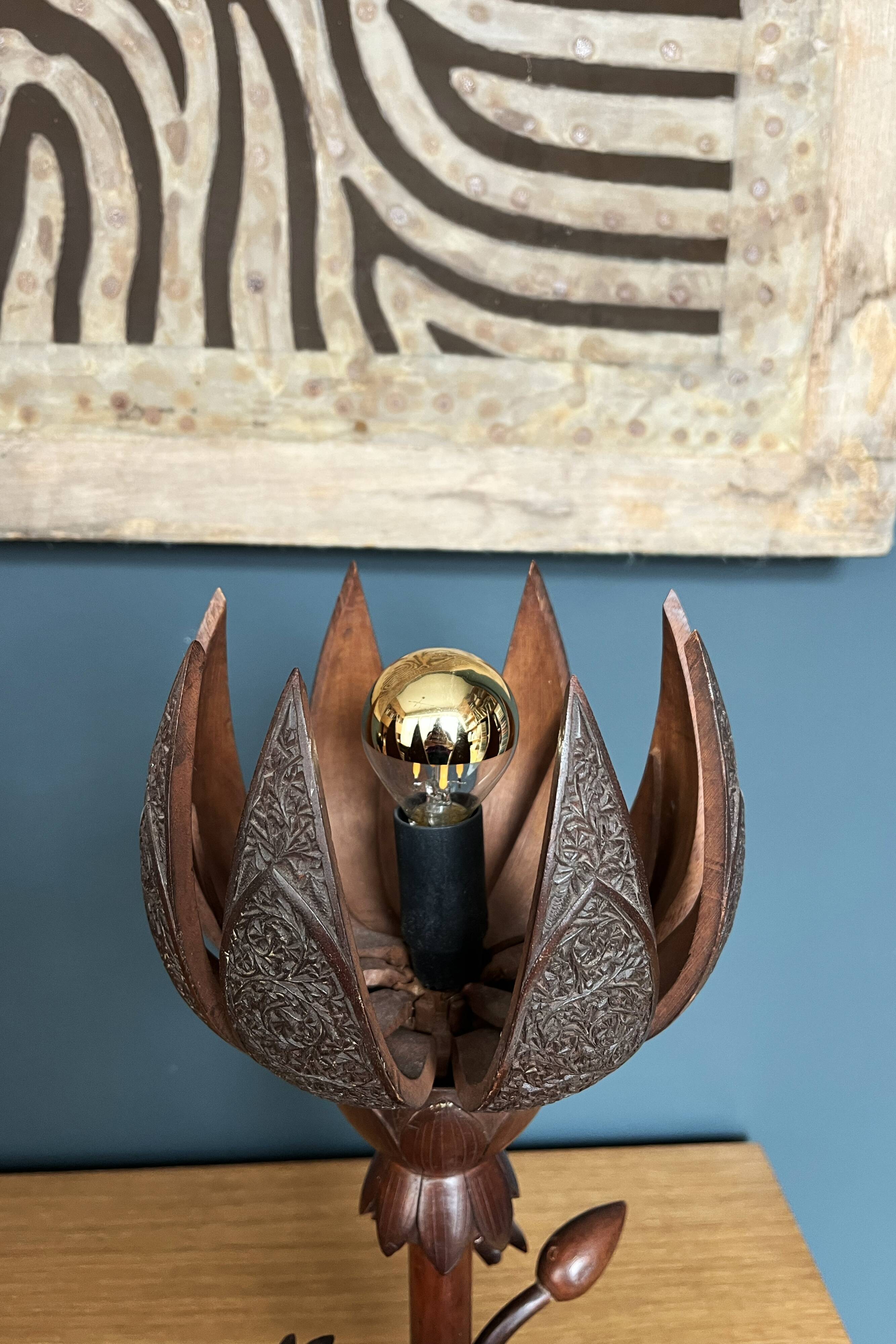 Art Deco wooden lamp with hand-carved lotus flower.