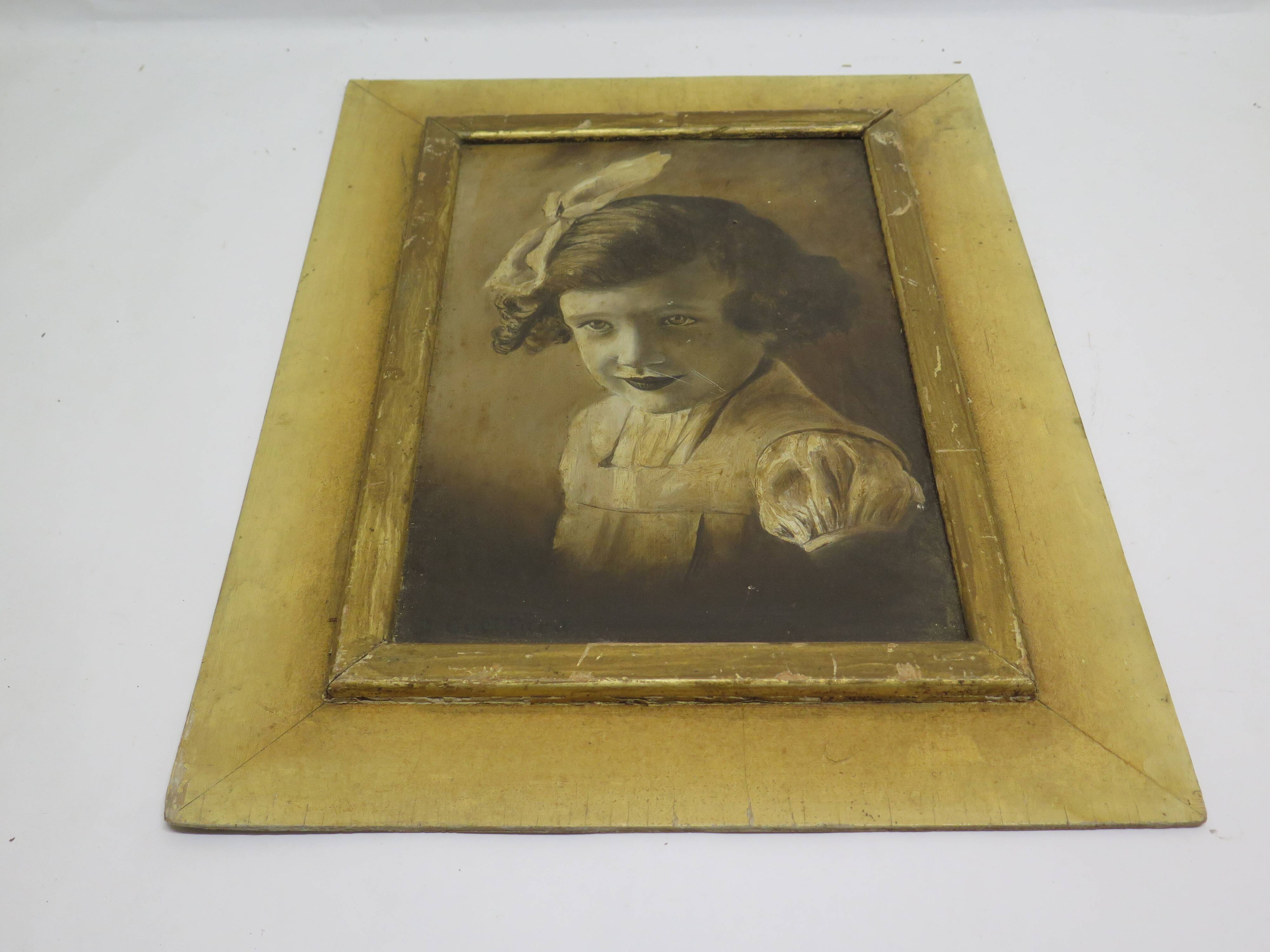 Antique oil painting portrait young lady oil on panel with gilded frame