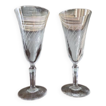 2 antique blown glass champagne flutes, tulip shape.