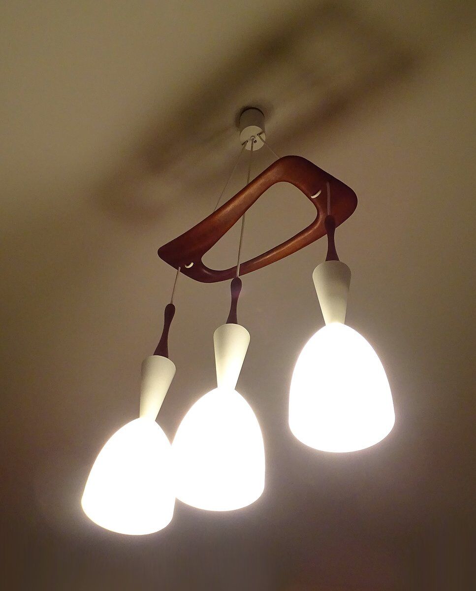 Vintage pendant light in teak and glass from Rispal