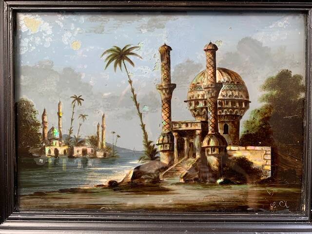 19th century painting, painting under glass and mother-of-pearl, oriental scene, signed GA