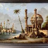 Tableau du 19e siècle, peinture sous verre et nacre, scène orientale, signé G.A