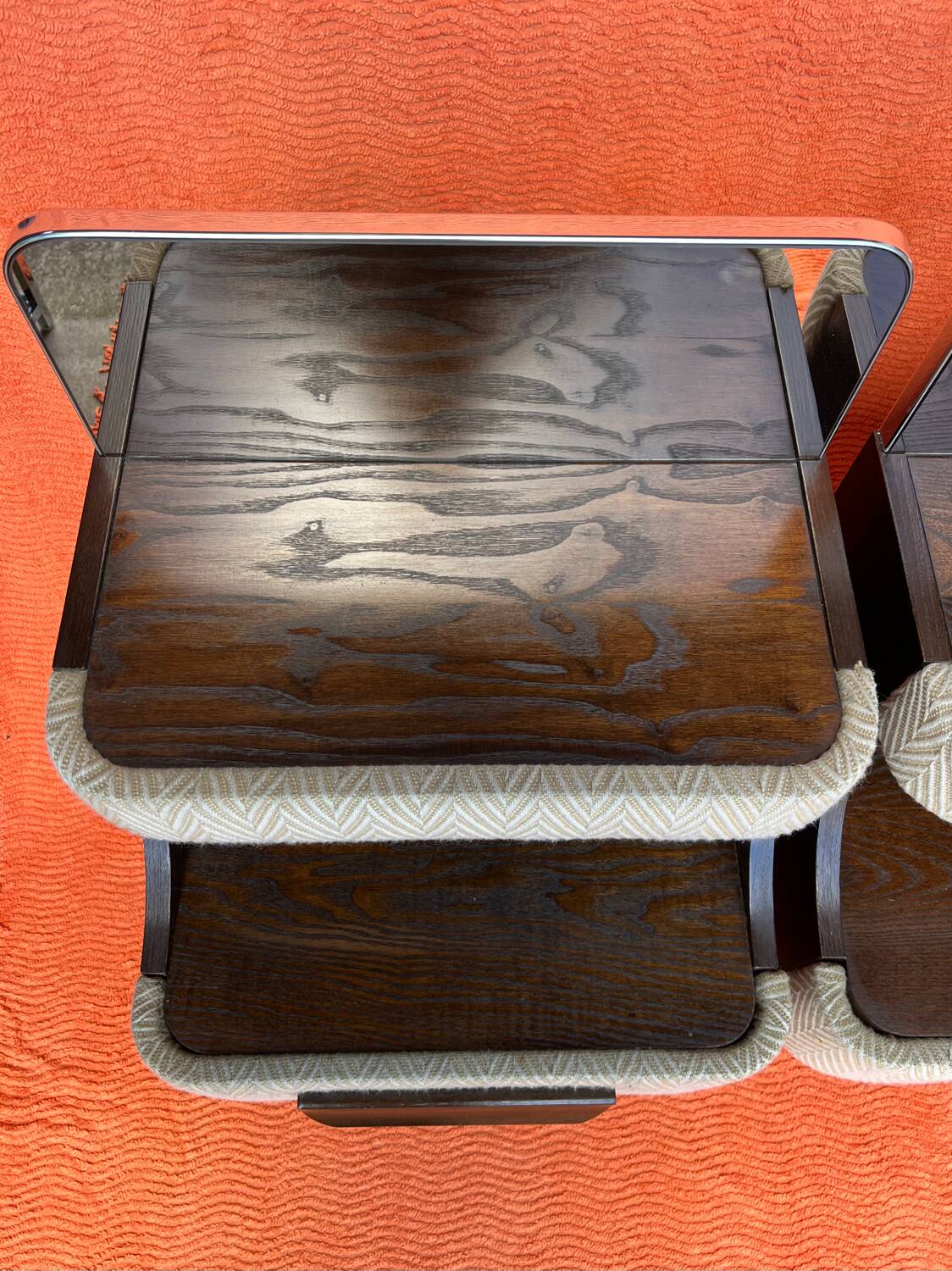 SET OF 2 VINTAGE 1970S NIGHTSTANDS/SOFA ENDS IN WOOD AND FABRIC