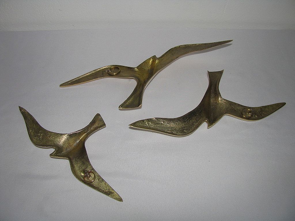 Wall Decoration Set 3 X Seagull / Swallow / Bird. Brass 70 / 80s