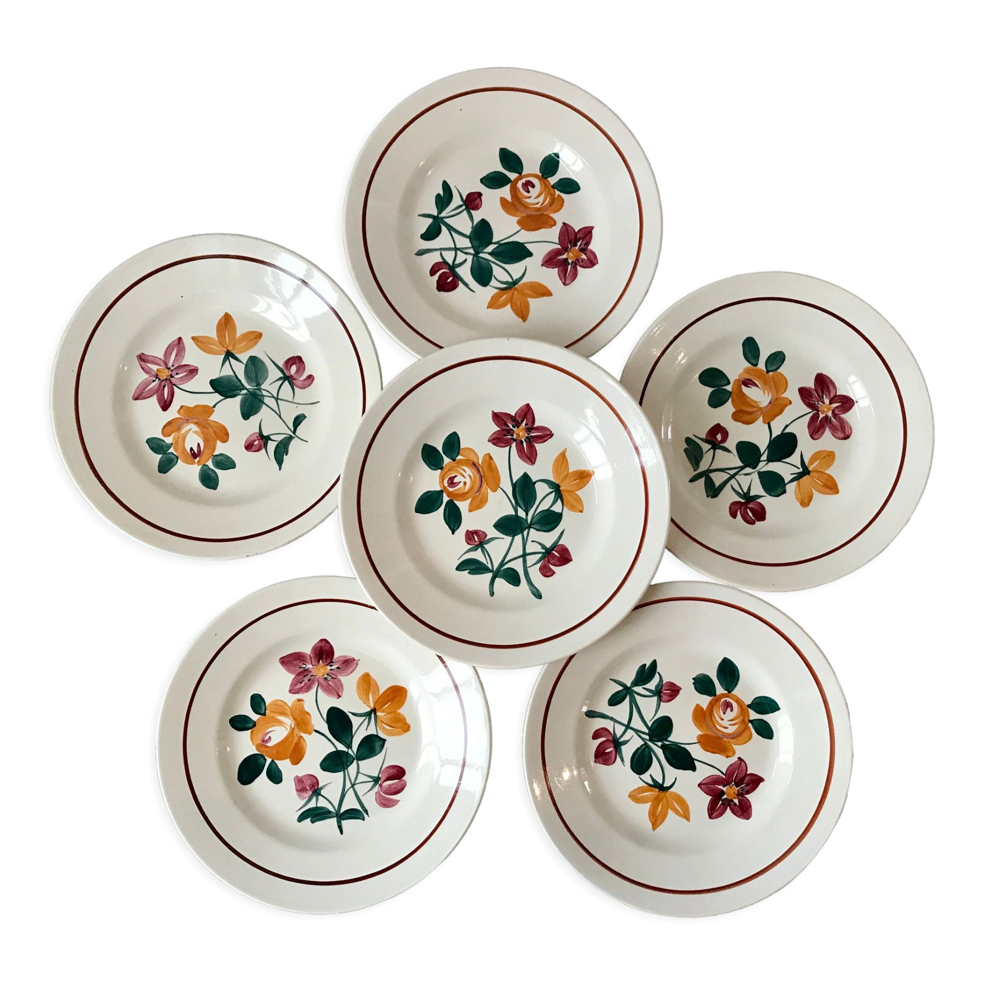 Set of 6 dessert plates Terre de fer Longchamp model Rohan early twentieth century