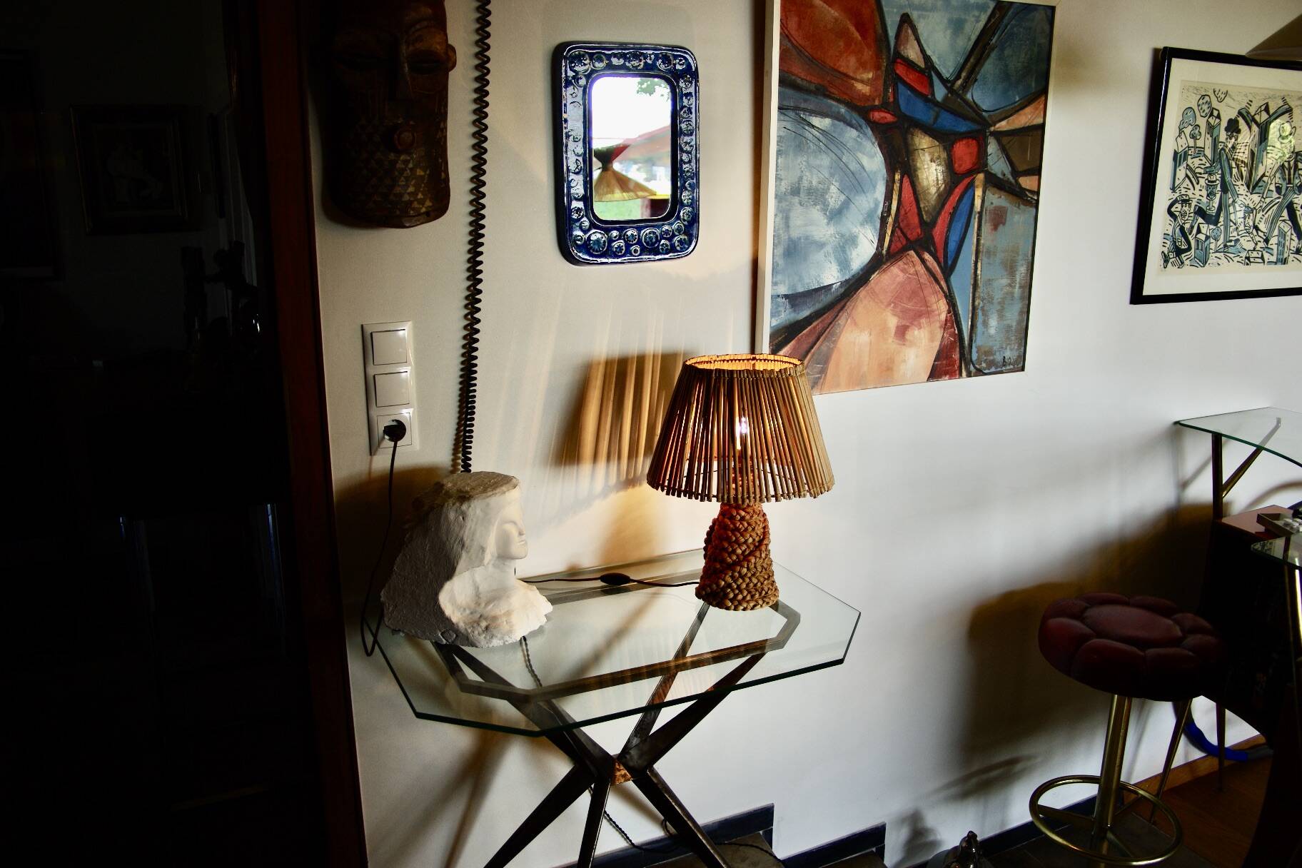 Vintage lamp in braided reed and bamboo