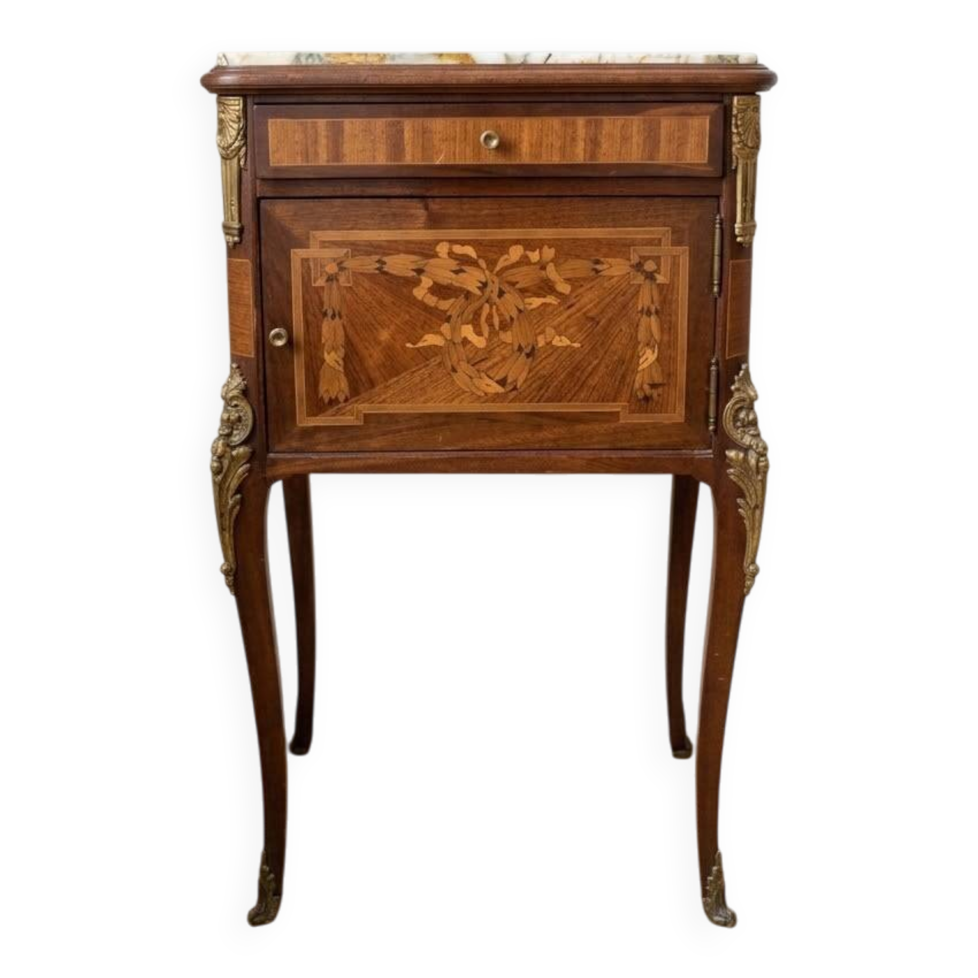Napoleon III bedside table in marquetry wood and marble