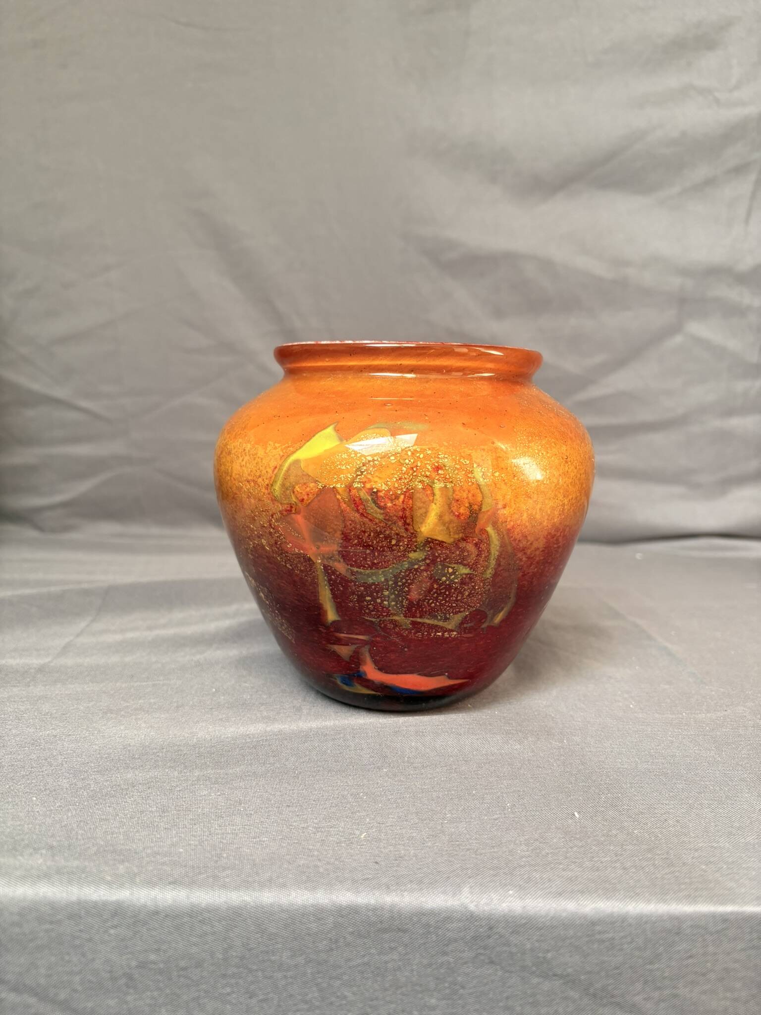 Vase Pot Paste Glass Blown Red Orange Lacquered Marbled Signed Dated Art Deco