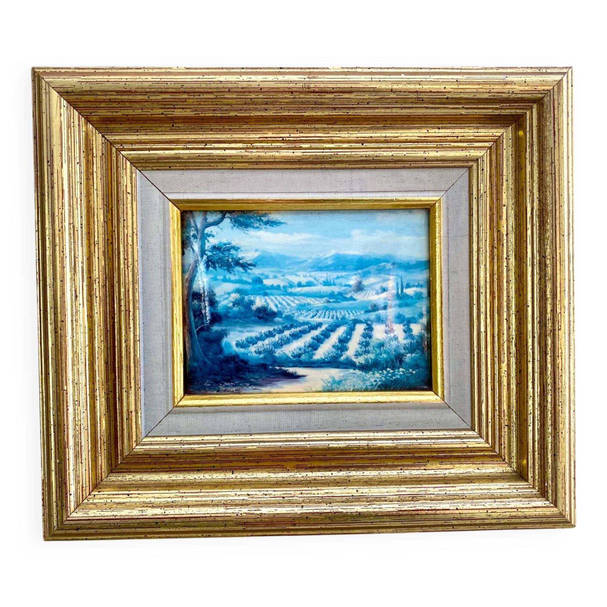 Old Glass Fixed - Provençal Landscape - Signed R. Rossetti - Vintage