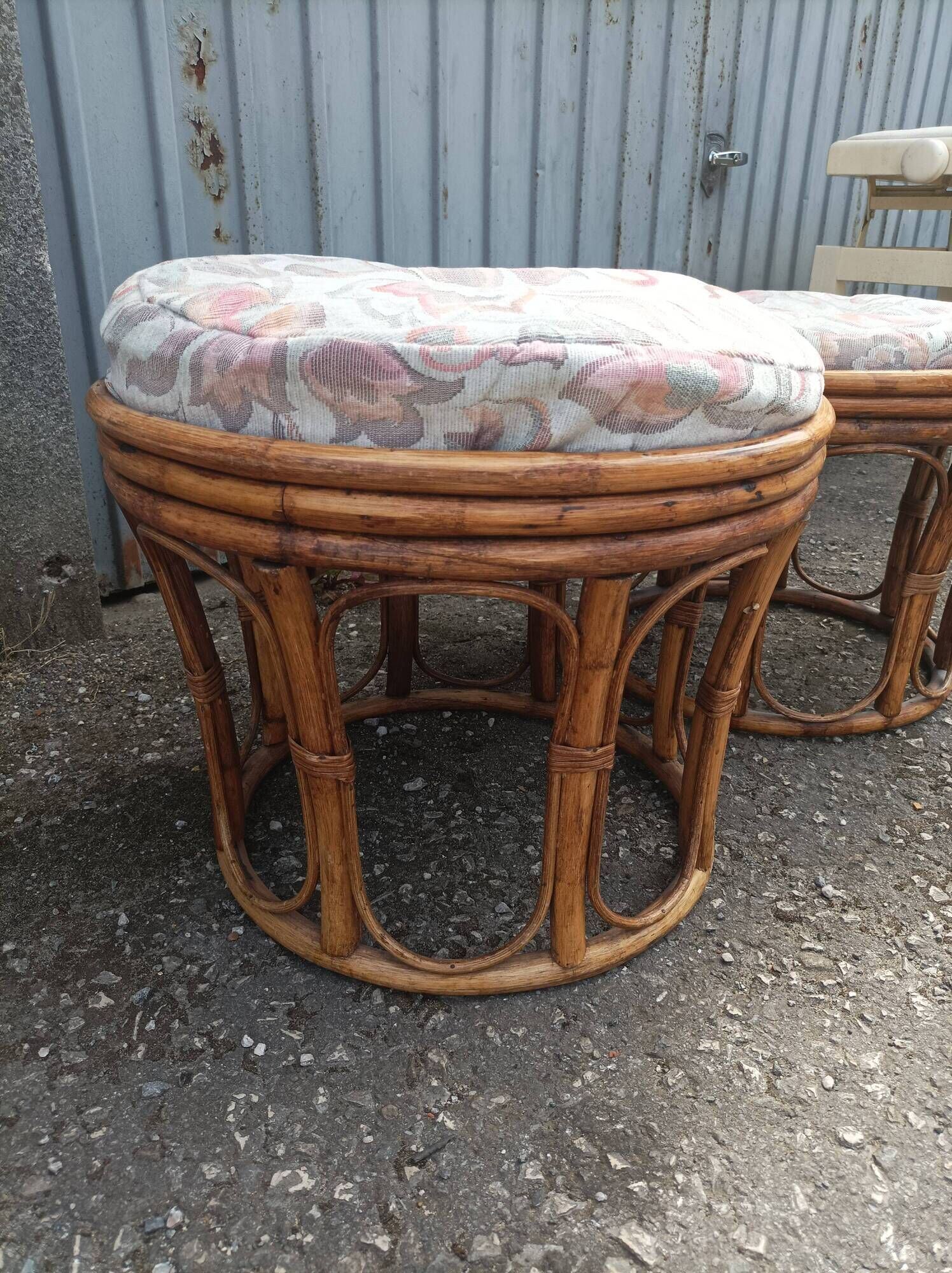 Pair old ottoman stools foot rest round wicker vintage rattan