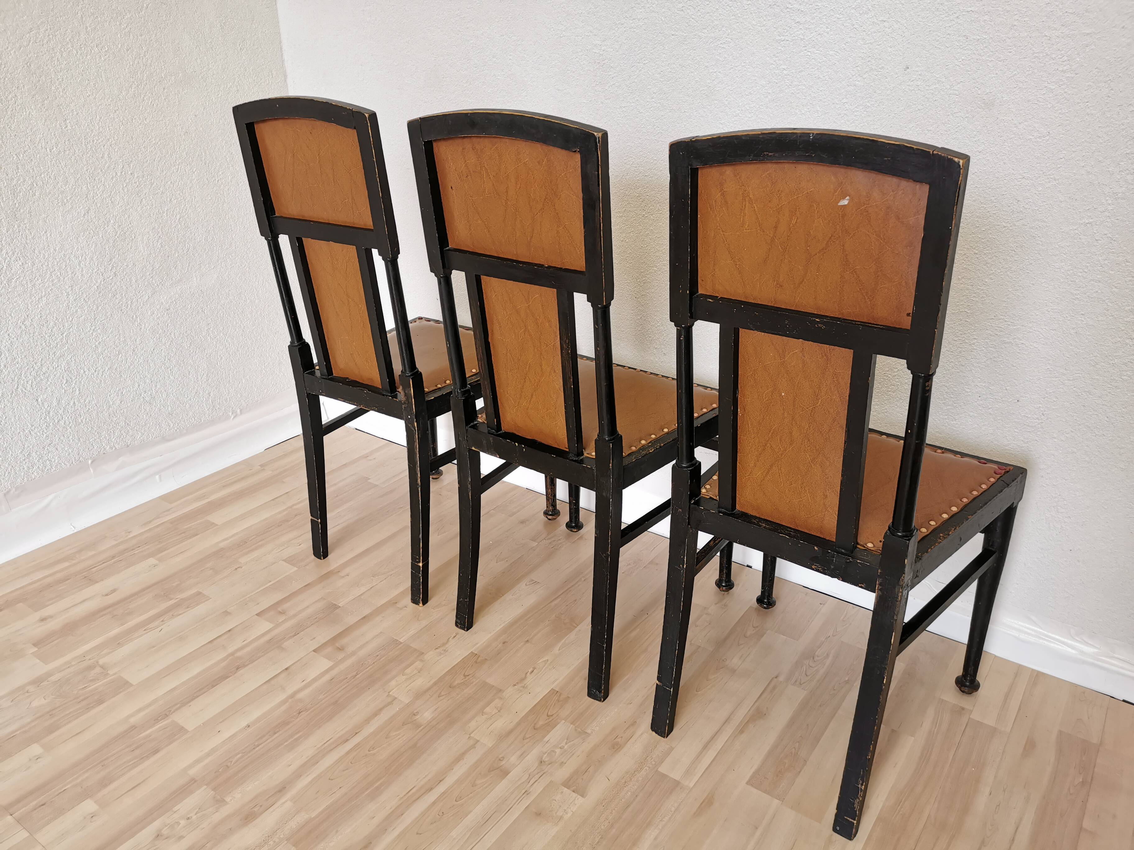 Set of 3 Vintage Dining Chairs: High Back, Leather Seat, Nailhead Trim