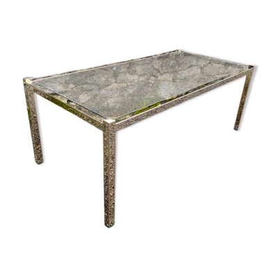 Table basse vintage 1970 rectangulaire doree verre fume marron