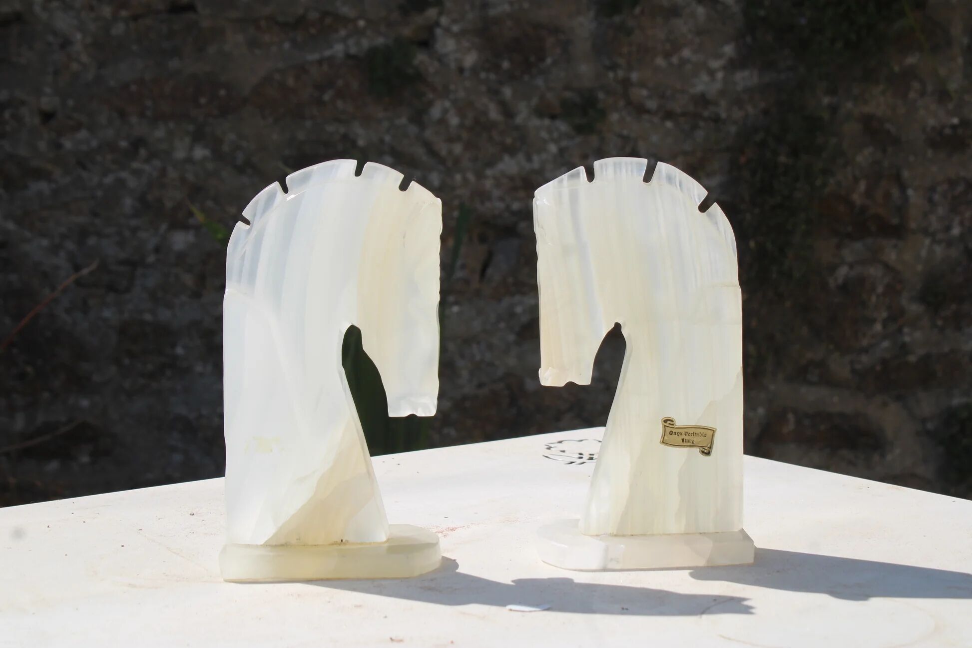Vintage white onyx bookends – Horse heads