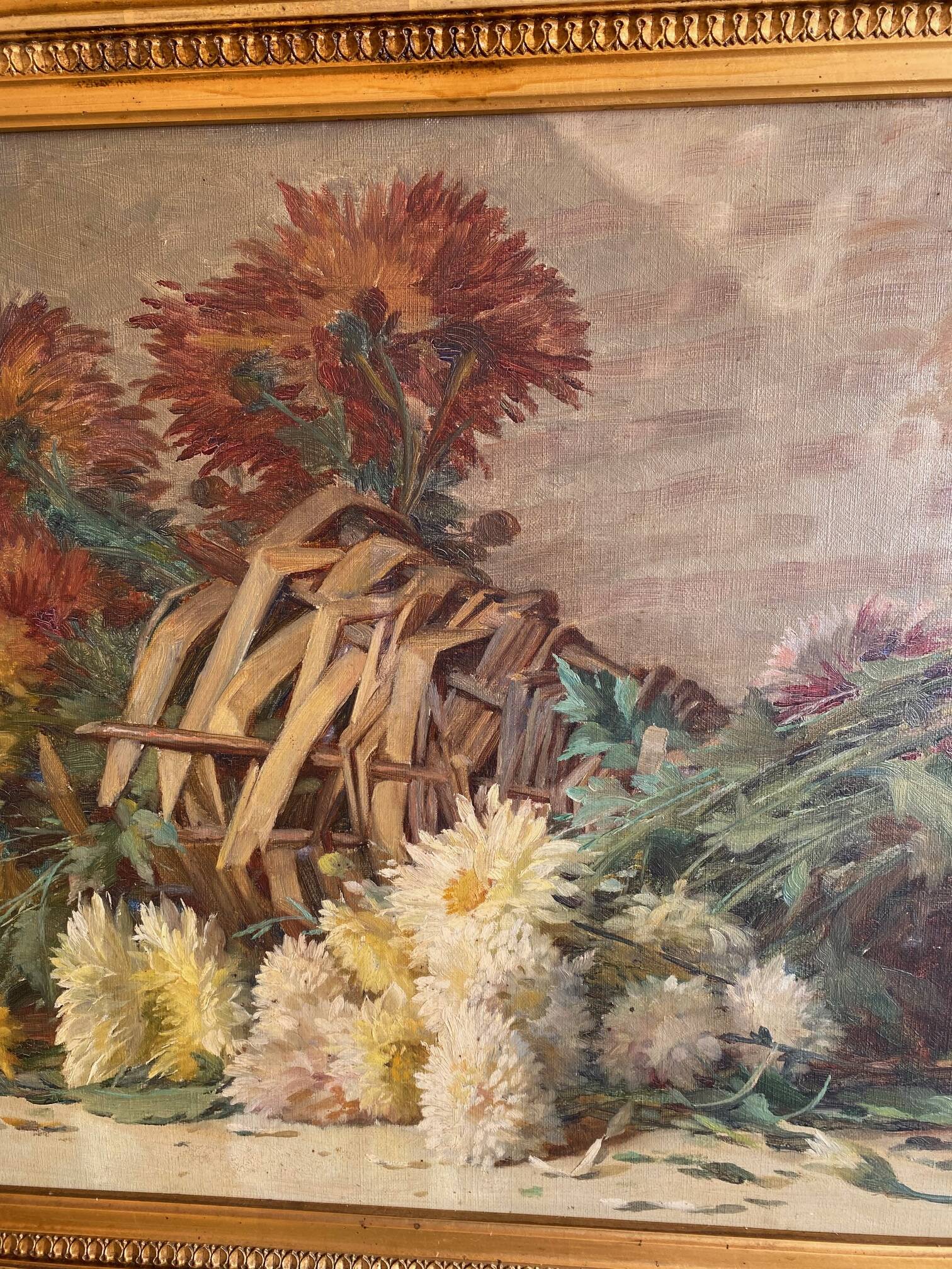 STILL LIFE BOUQUET OF DAHLIAS OIL PAINTING SIGNED MARIUS DALON EARLY 20TH CENTURY