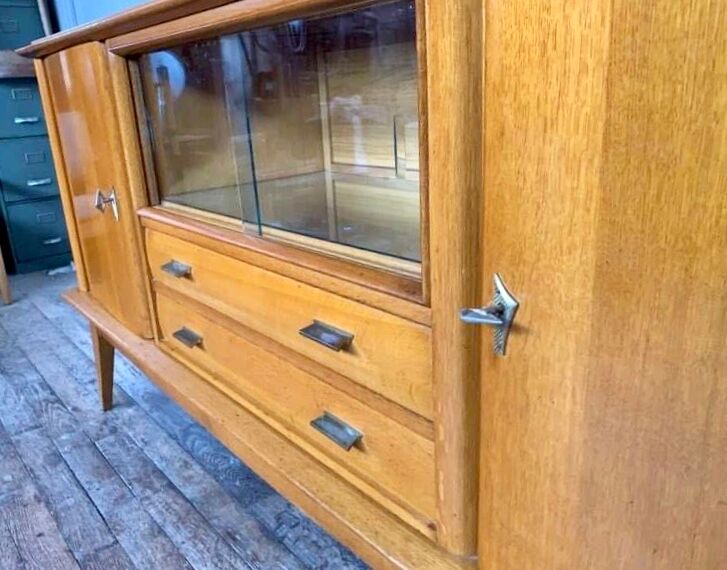 Enfilade moderniste en chêne longueur 197 vintage 1950 pieds compas