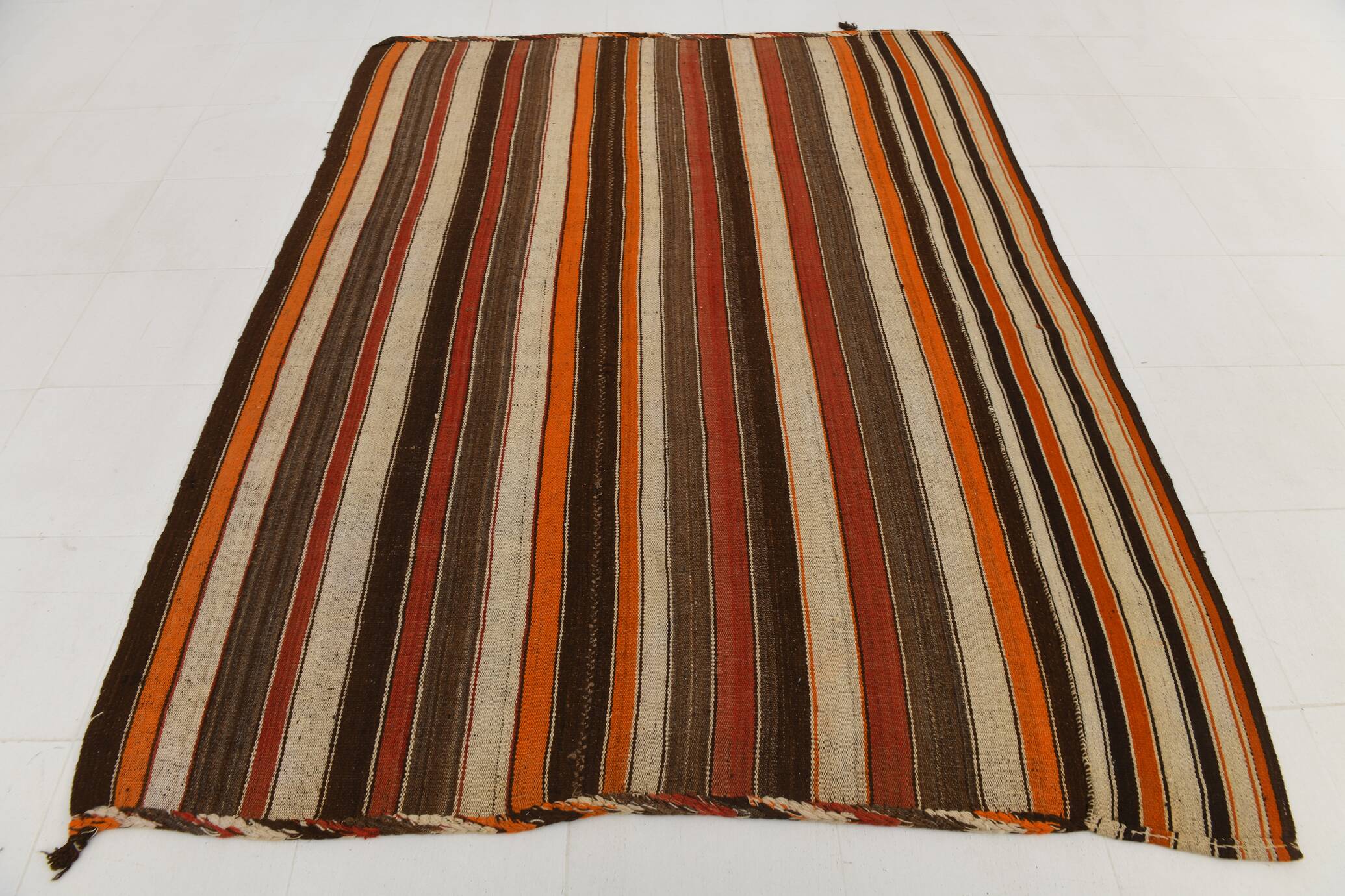 7x8 Multicolor Striped Wool Turkish Kilim Rug, 195x259 Cm
