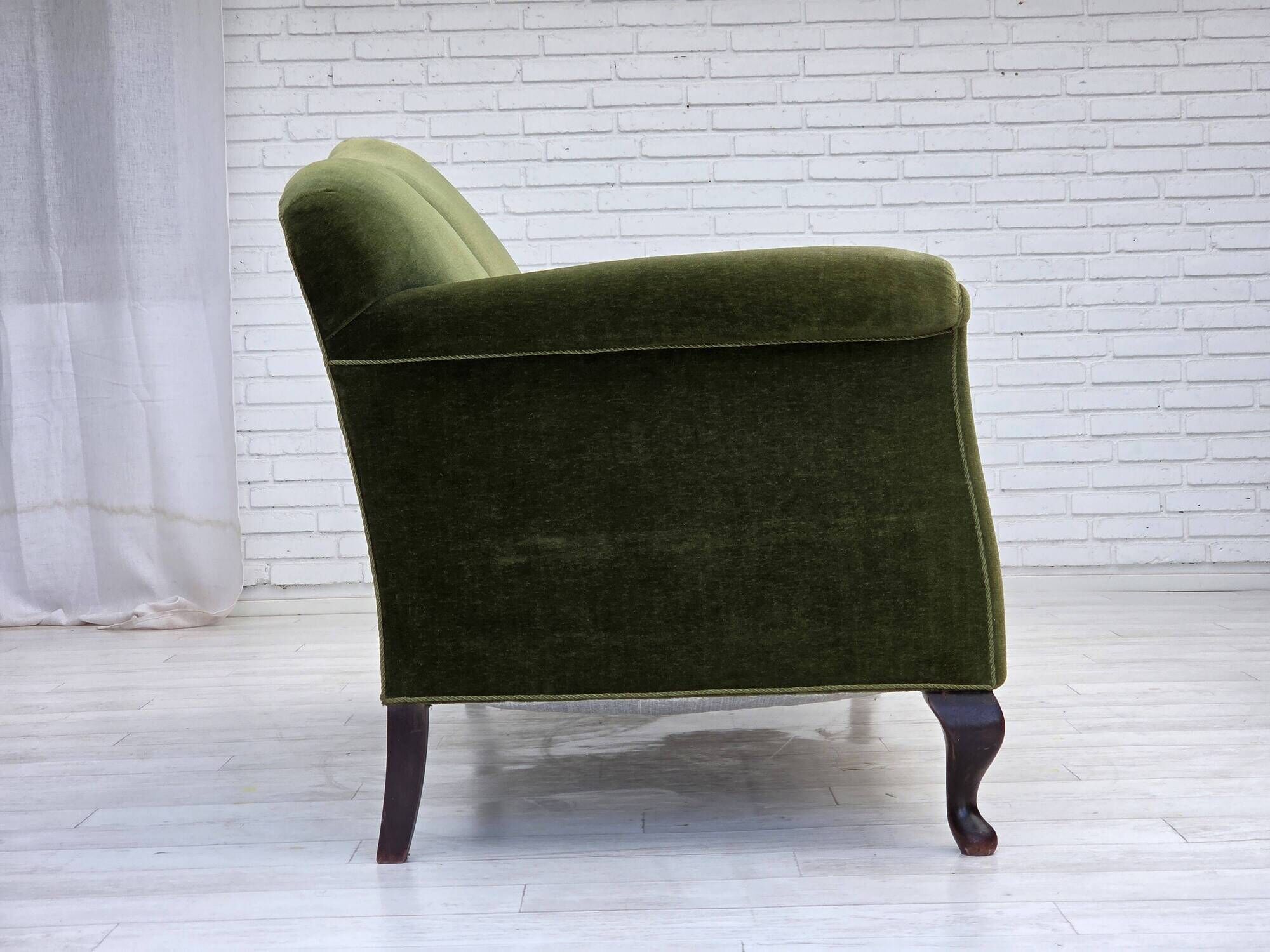 1950s, Danish 2-seater sofa, green furniture velour, ash wood legs.