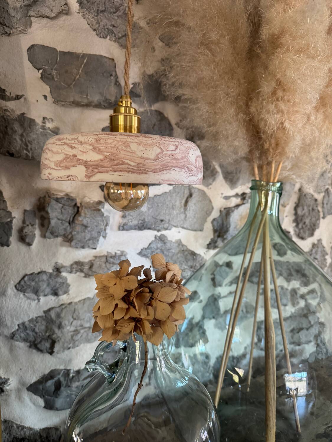 Pair of handcrafted portable lamps with a marbled stone effect