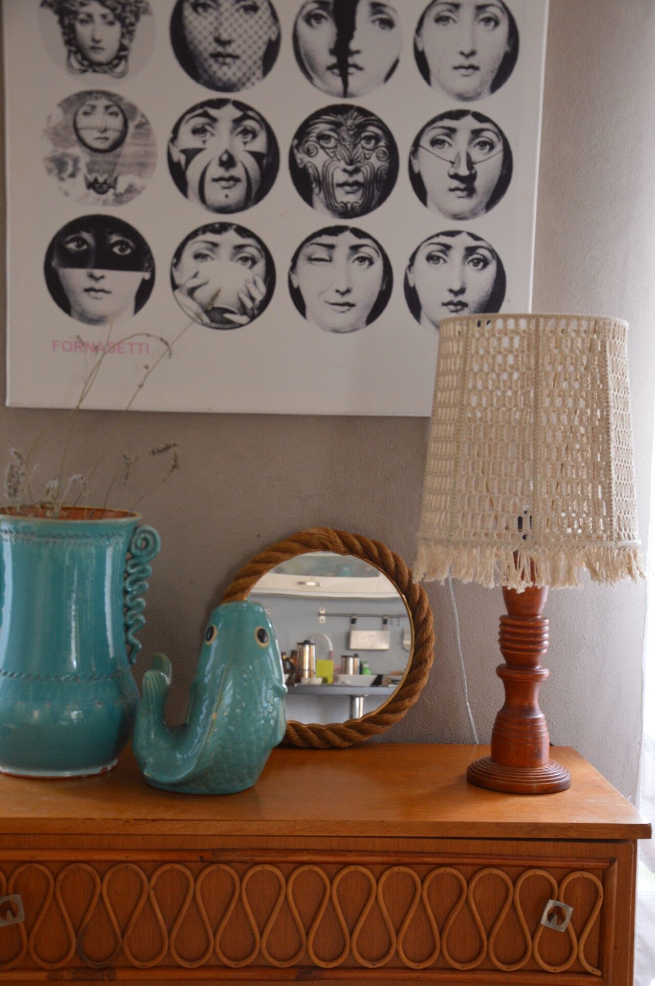 Lampe de table en macramé et bois des années 60