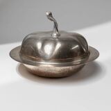 Silver-plated pumpkin-shaped bowl with lift-off lid, 1940s vintage centerpiece in metal