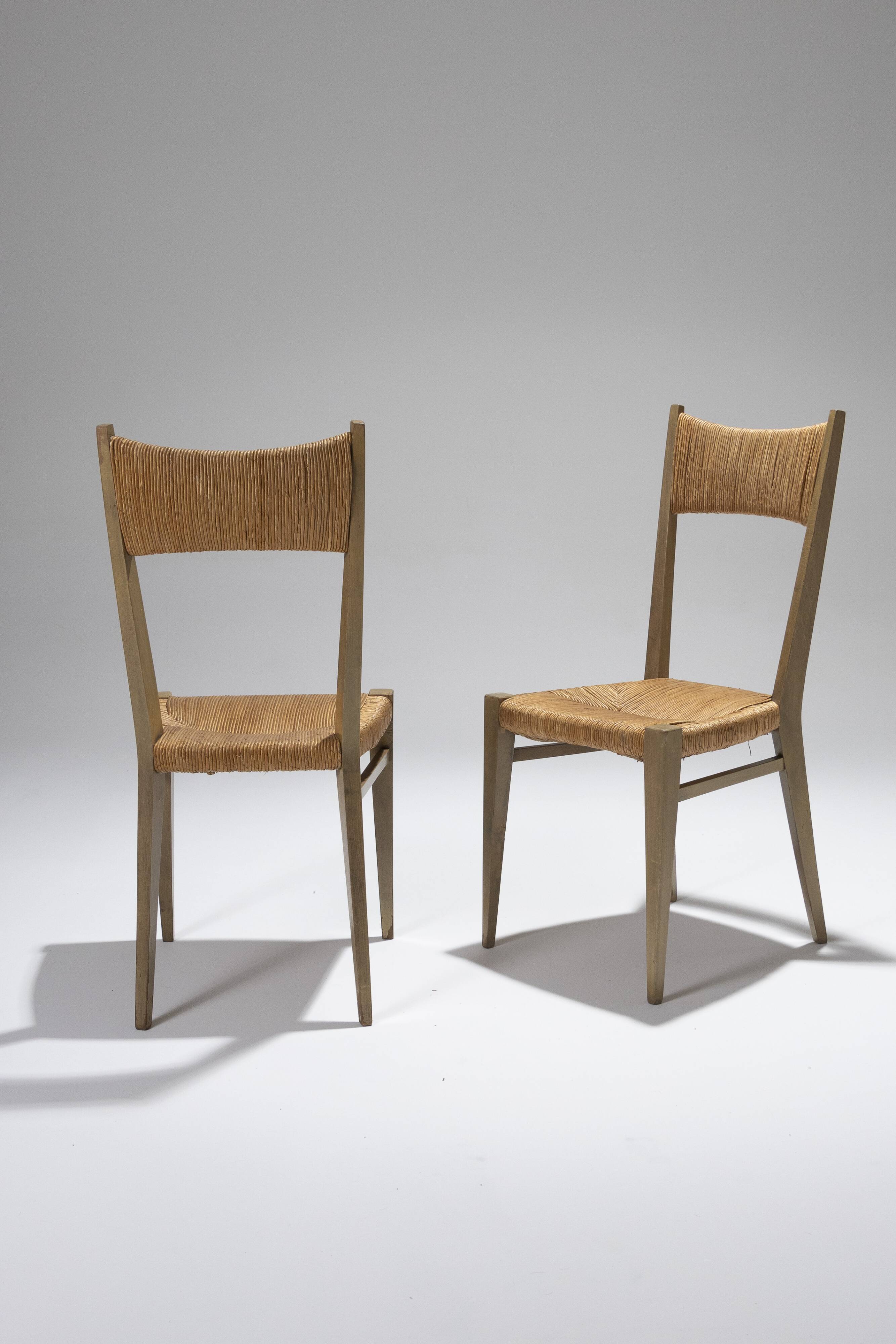 Pair of straw chairs, geneviève pons, 1950s