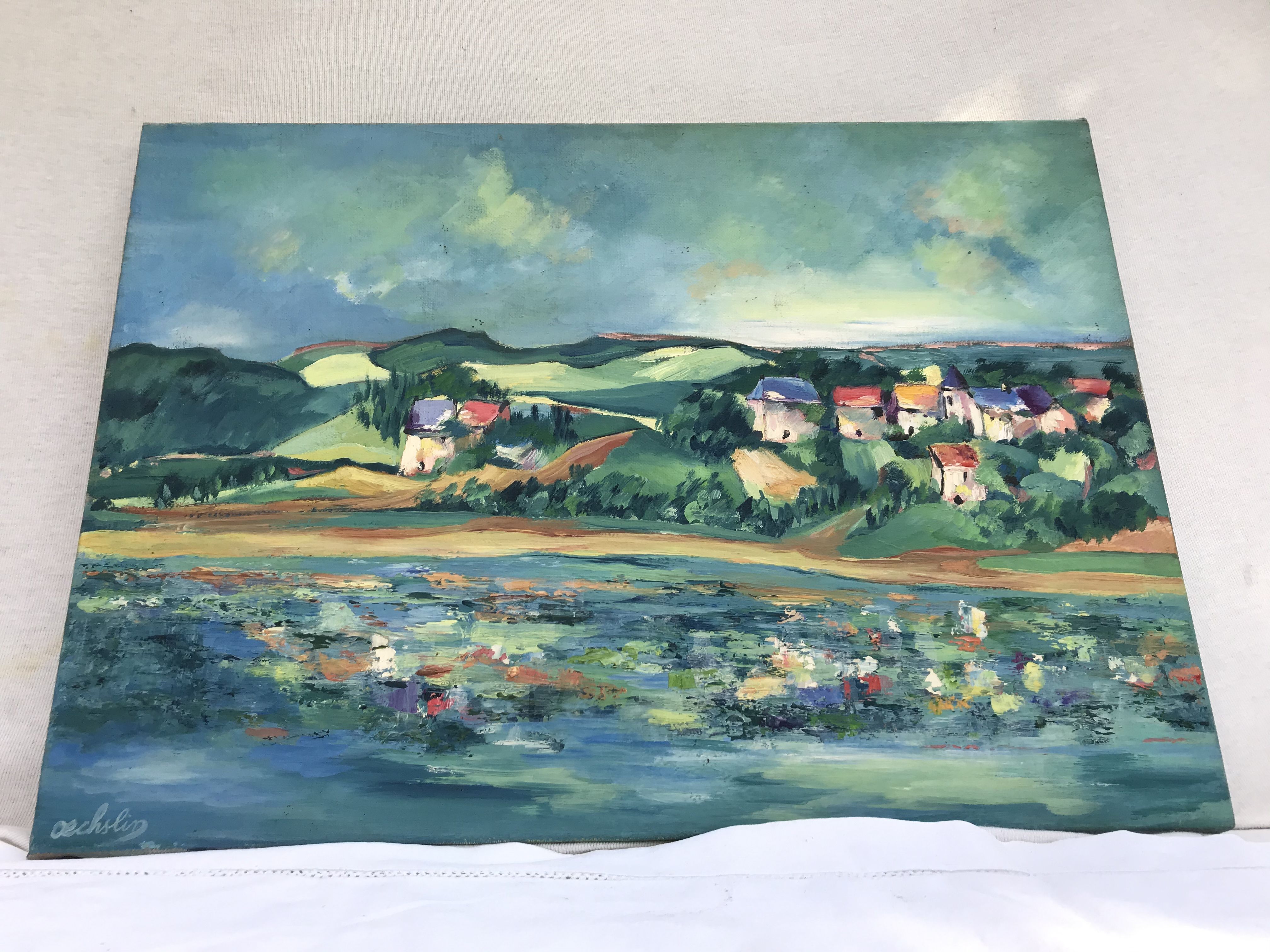 Painting painting oil on canvas Oechslin view village edge of vintage water