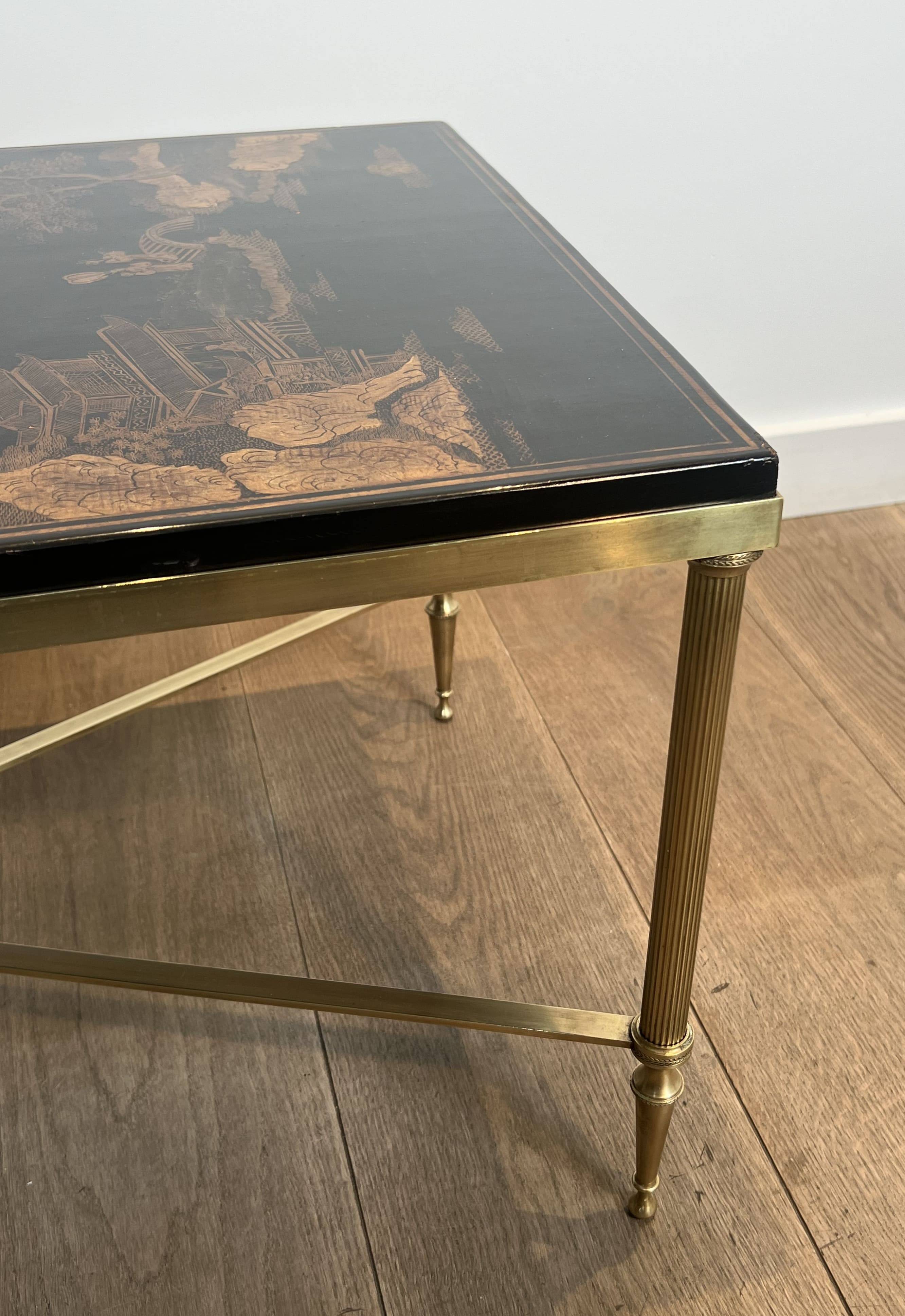 Neoclassical Brass Coffee Table with Lacquered Top Representing