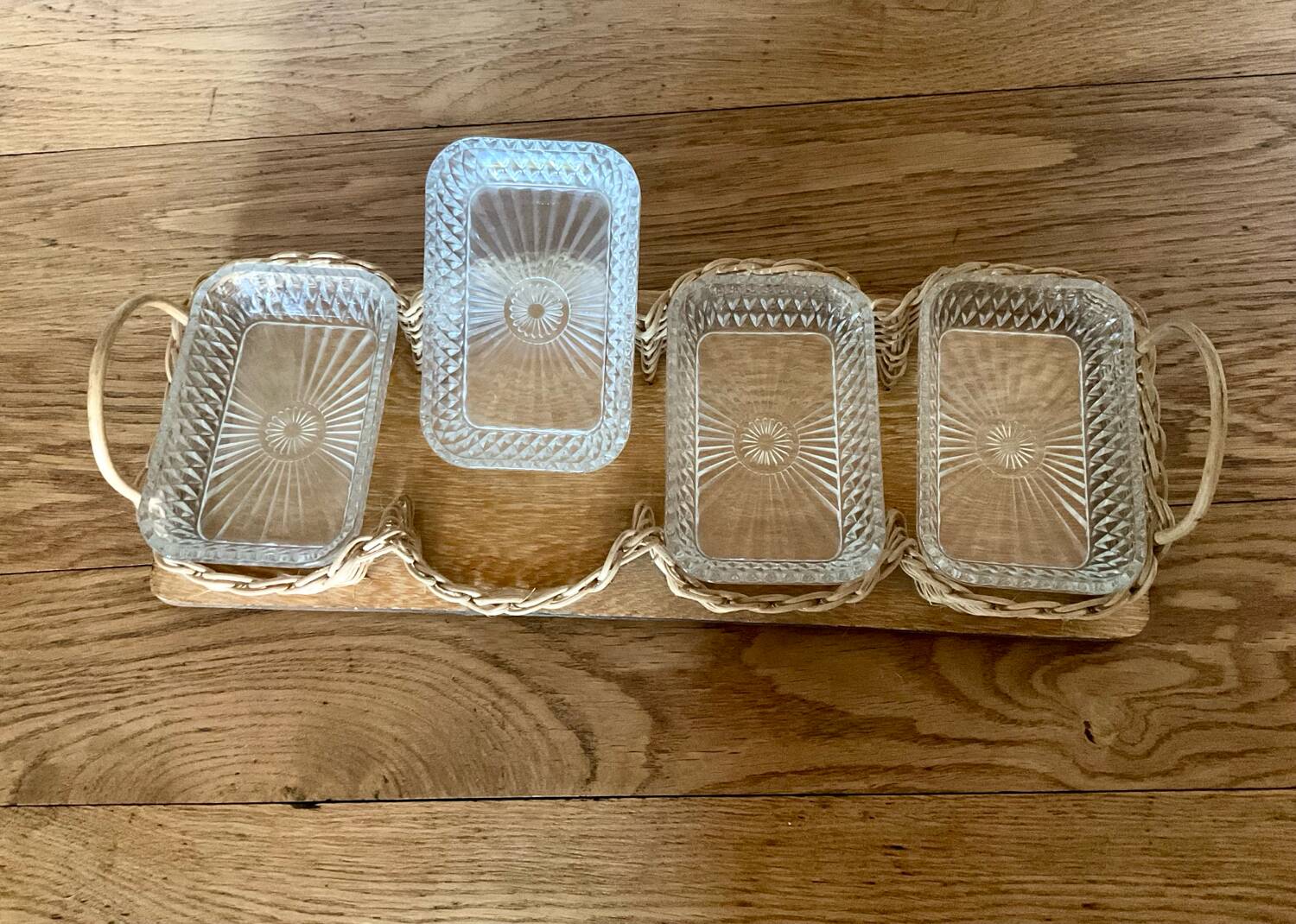 Vintage wicker and wood serving tray