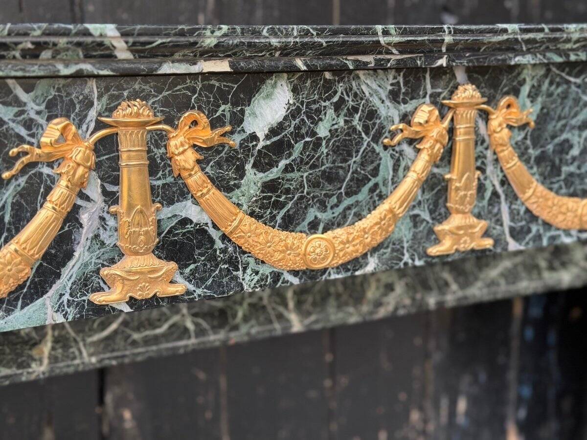 Empire style fireplace in antique green marble and gilded bronzes circa 1880