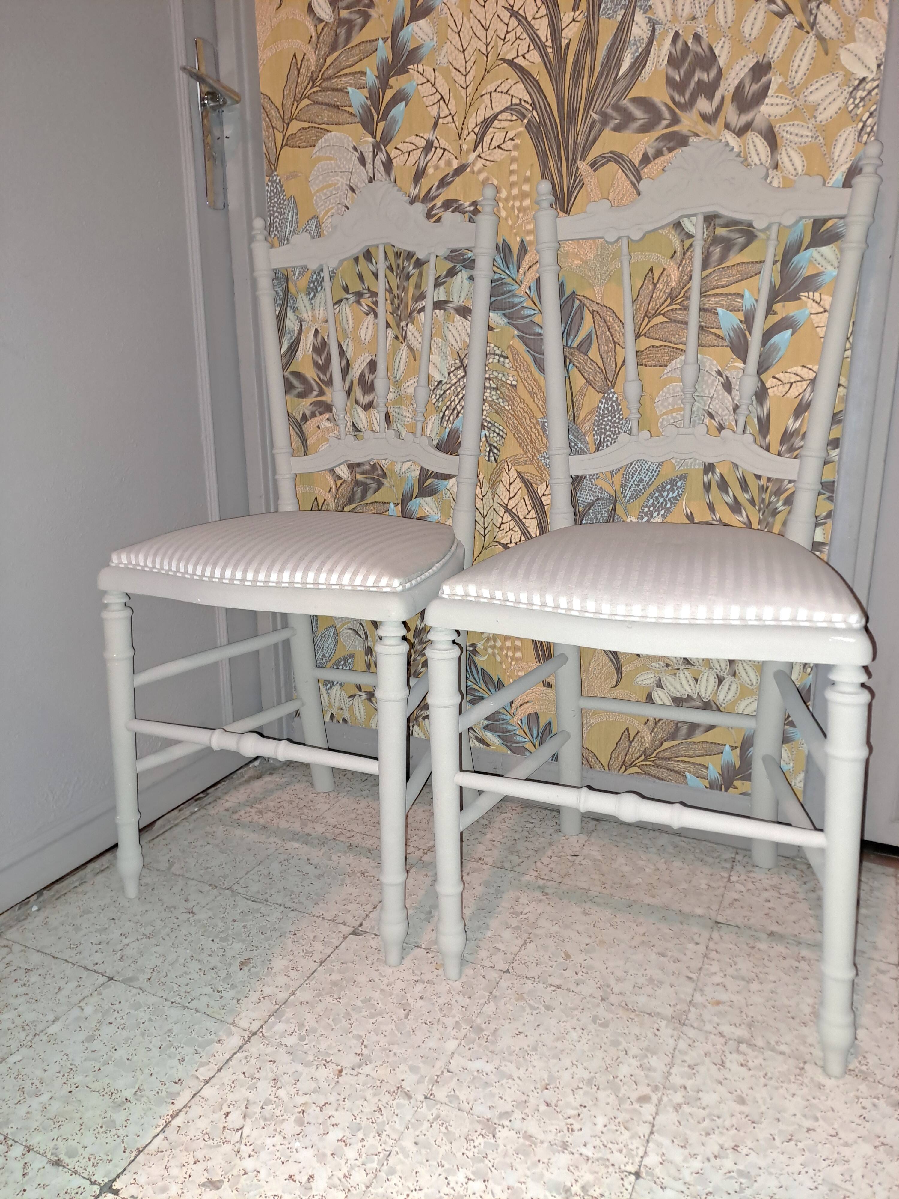 Lot of 2 empire style opera chairs redone in 19th century striped fabric, beige color