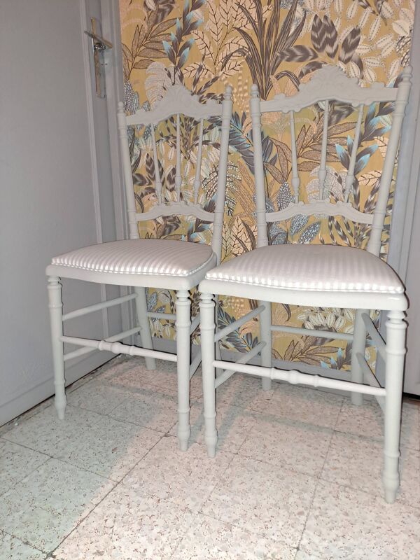Lot de 2 chaises opéra style empire refaite tissu rayé xix coloris beige
