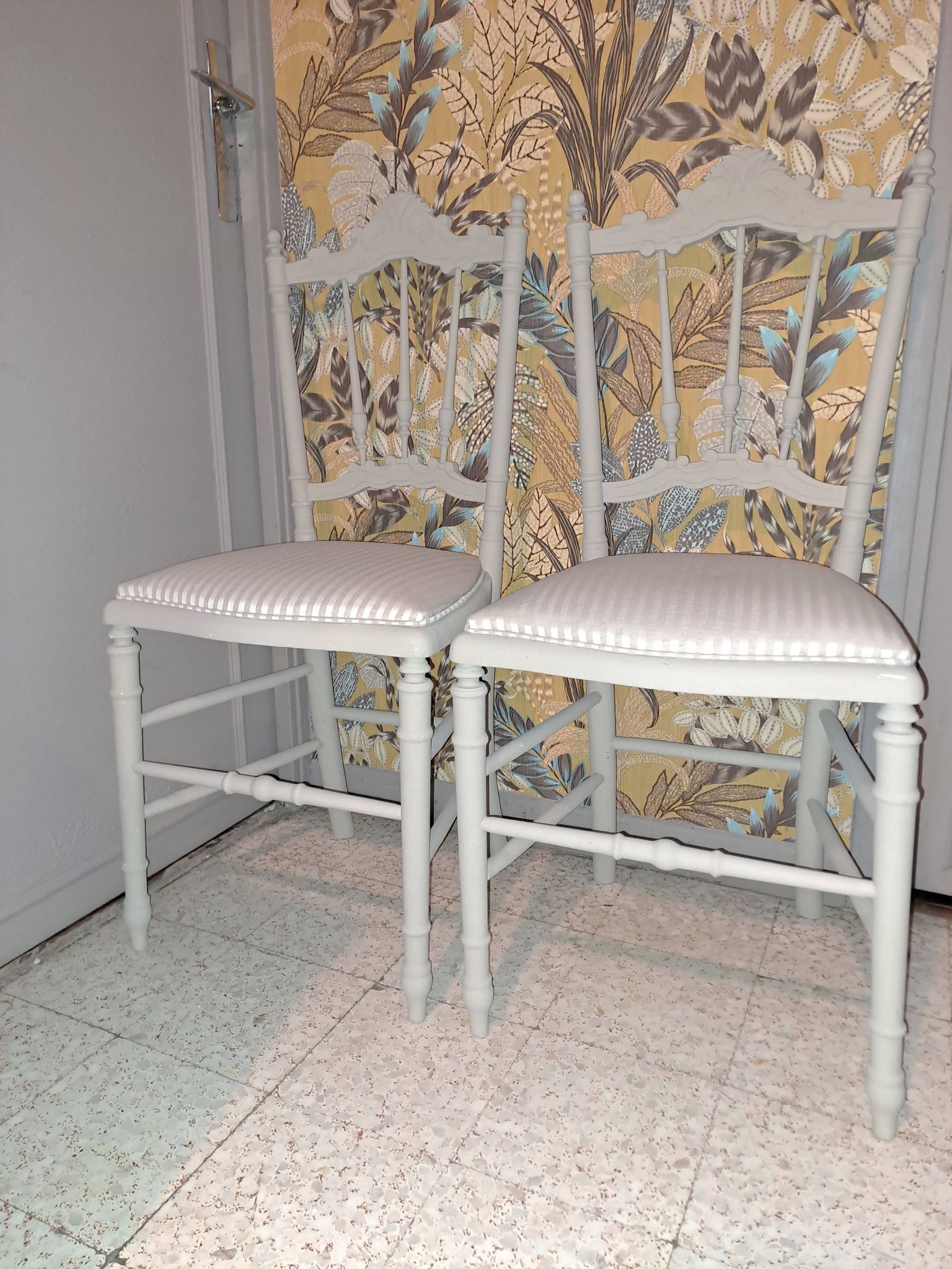 Lot of 2 empire style opera chairs redone in 19th century striped fabric, beige color