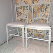 Lot of 2 empire style opera chairs redone in 19th century striped fabric, beige color