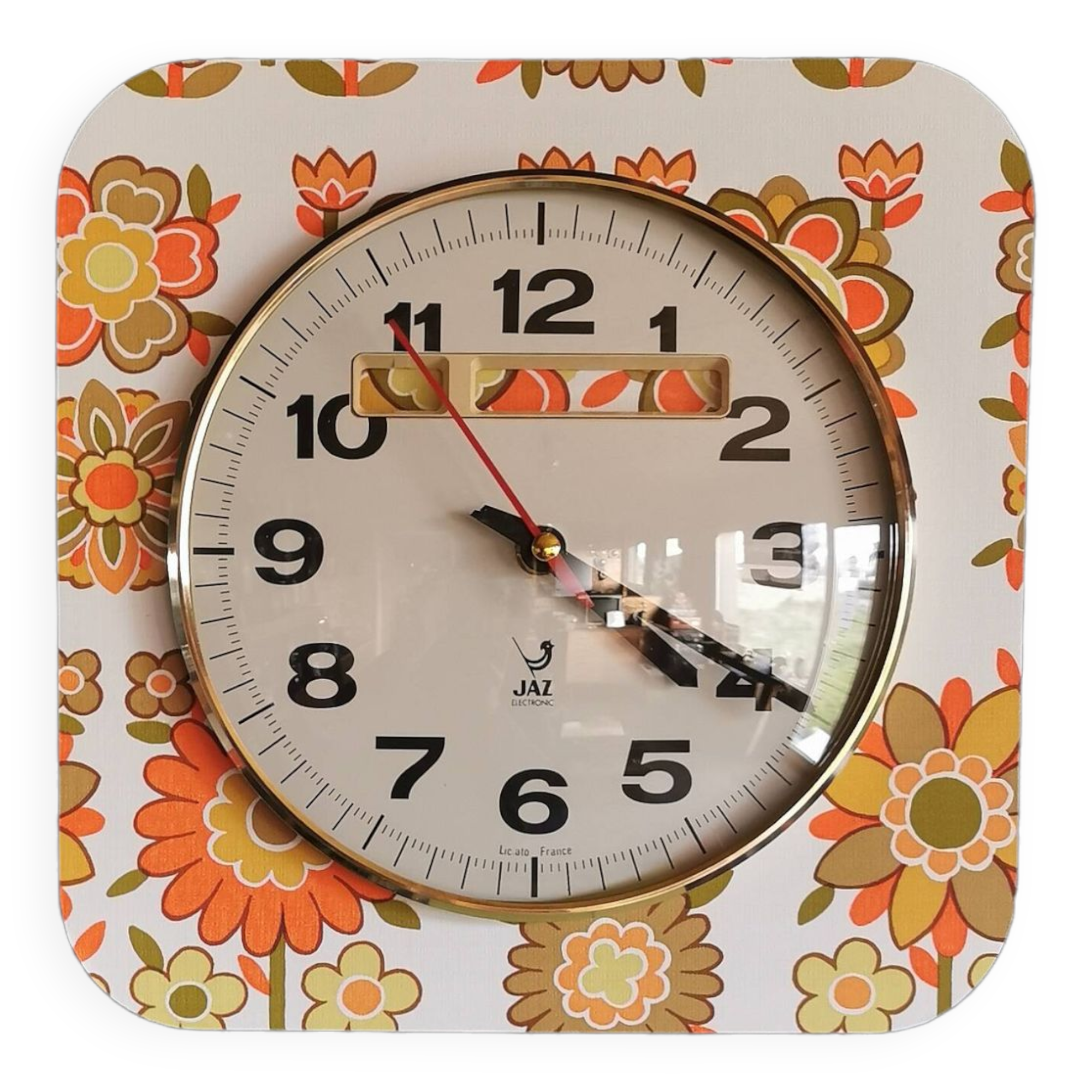 Vintage formica clock square silent wall pendulum "Jaz orange flowers"