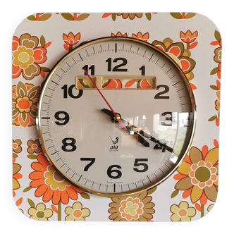 Horloge formica vintage pendule murale silencieuse carrée "Jaz fleurs oranges"
