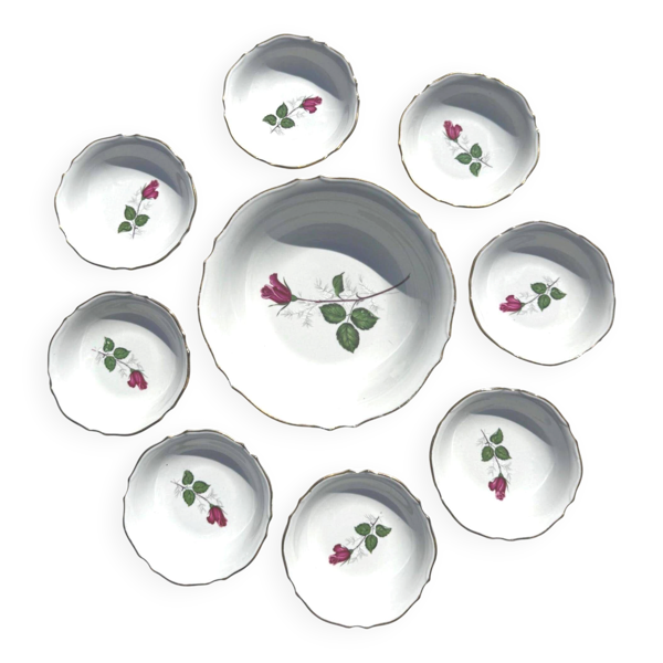 Service à Dessert en Porcelaine Décor Rose de Resht – Saladier et 8 Coupell