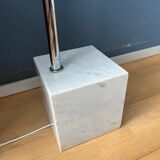 Vintage Guzzini Space Age arc floor lamp with white mushroom shade and marble base