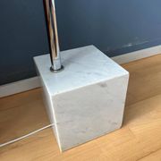 Vintage Guzzini Space Age arc floor lamp with white mushroom shade and marble base