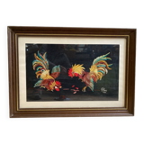 Old tapestry canvas g. perrin roosters signed + wooden frame #b549