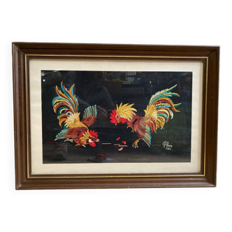 Old tapestry canvas g. perrin roosters signed + wooden frame #b549