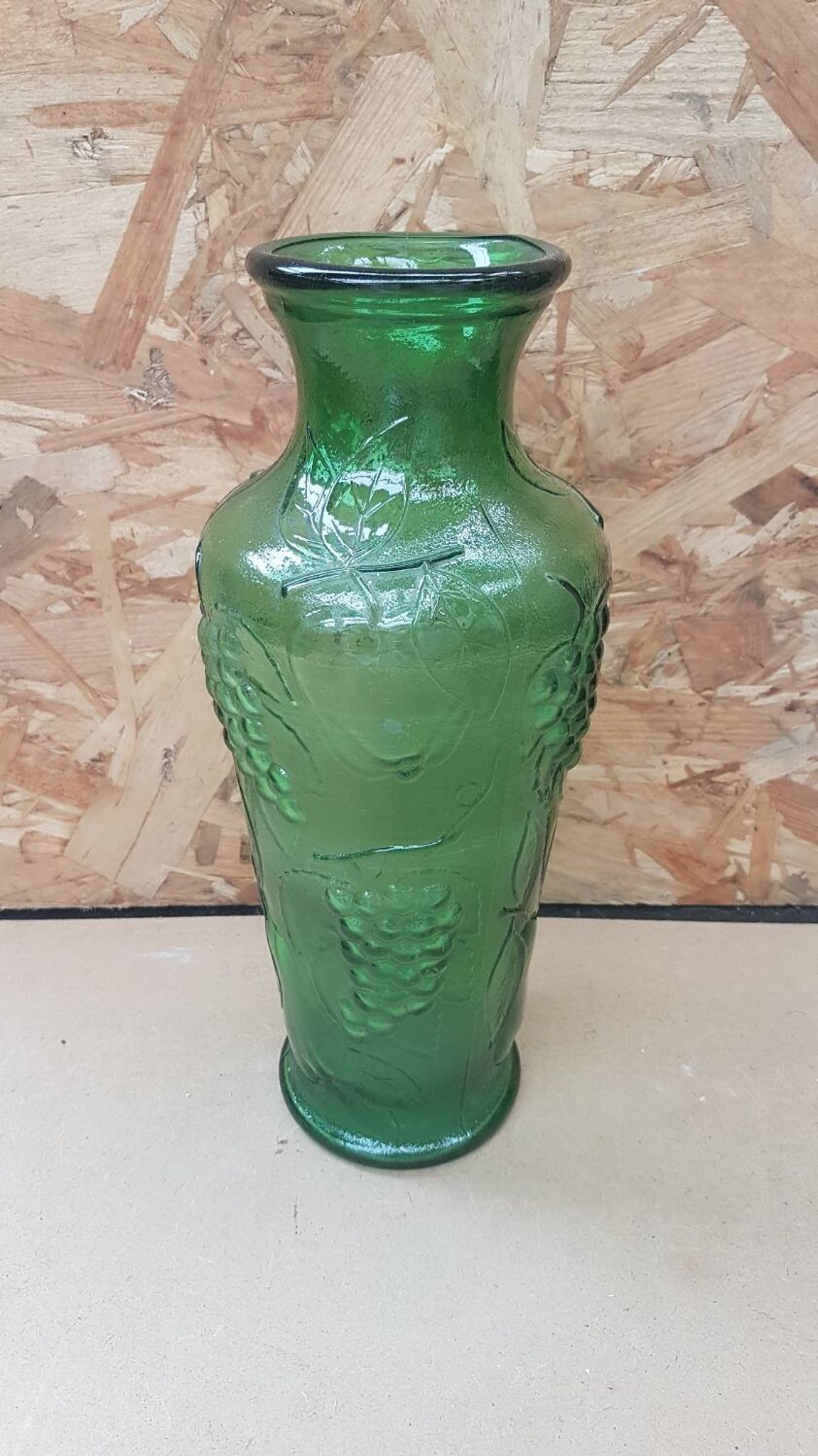Old green molded glass vase vintage grape cluster decor
