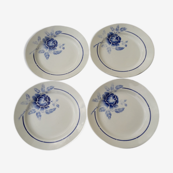 Set de 4 assiettes creuses en faïence de Saint Amand modèle 3015  motif roses bleues diam 19,2 cm