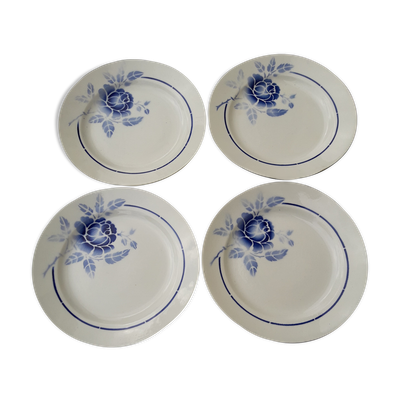 Set de 4 assiettes creuses en faïence de Saint Amand modèle 3015  motif roses bleues diam 19,2 cm